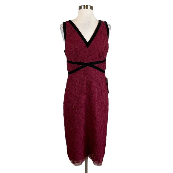 JS Collections Women's Cocktail Dress Size 12 Red Lace and Velvet Midi Sheath - Picture 1 of 11